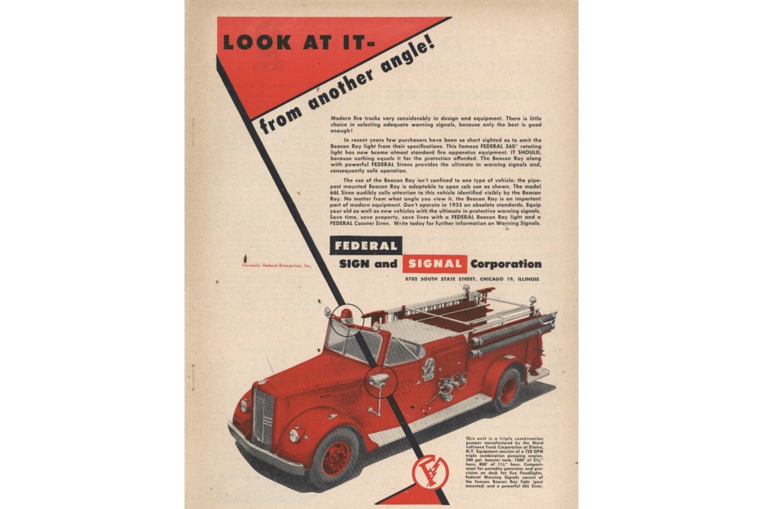 Federal Sign and Signal Corporation print advertisement featuring a red fire truck.