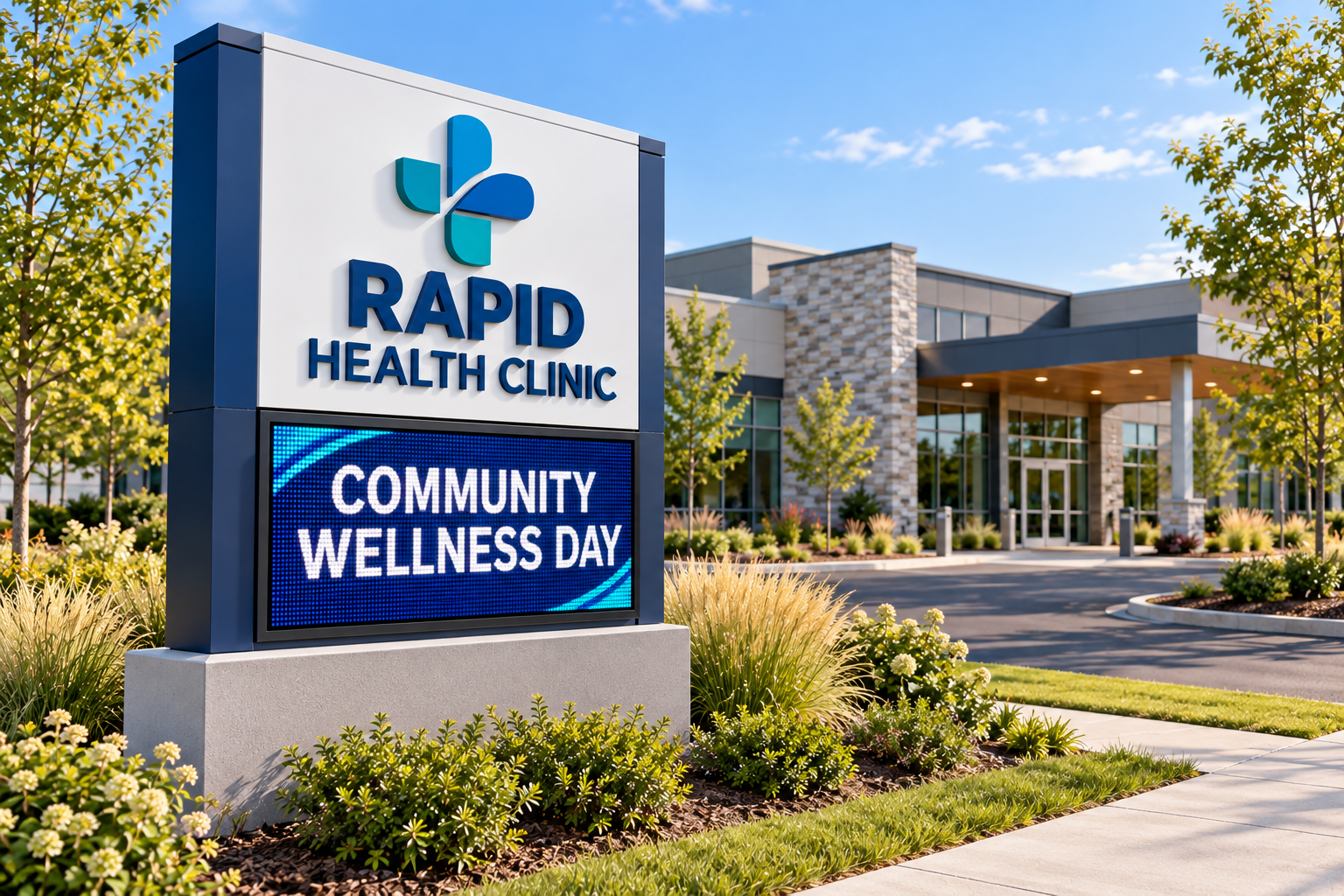 Healthcare monument sign with a full-color electronic message center displaying “Community Wellness Day” outside a clinic.