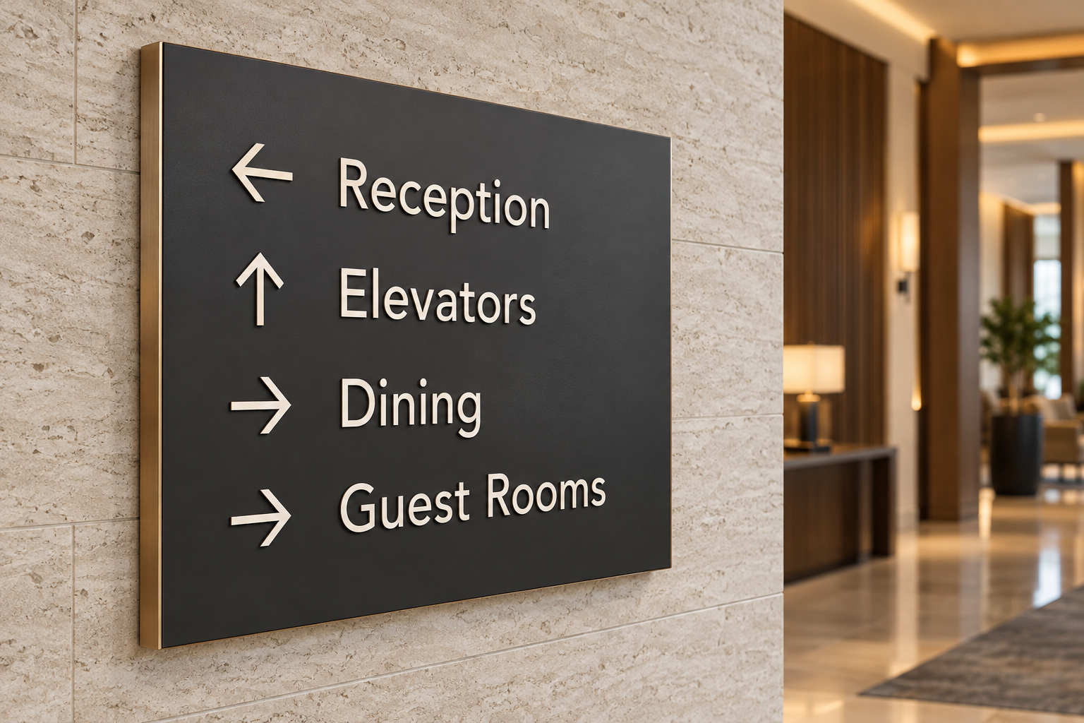 Hotel wayfinding sign with raised lettering and arrows directing guests to reception, elevators, dining, and guest rooms.