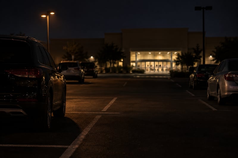 Dimly lit parking lot at night.