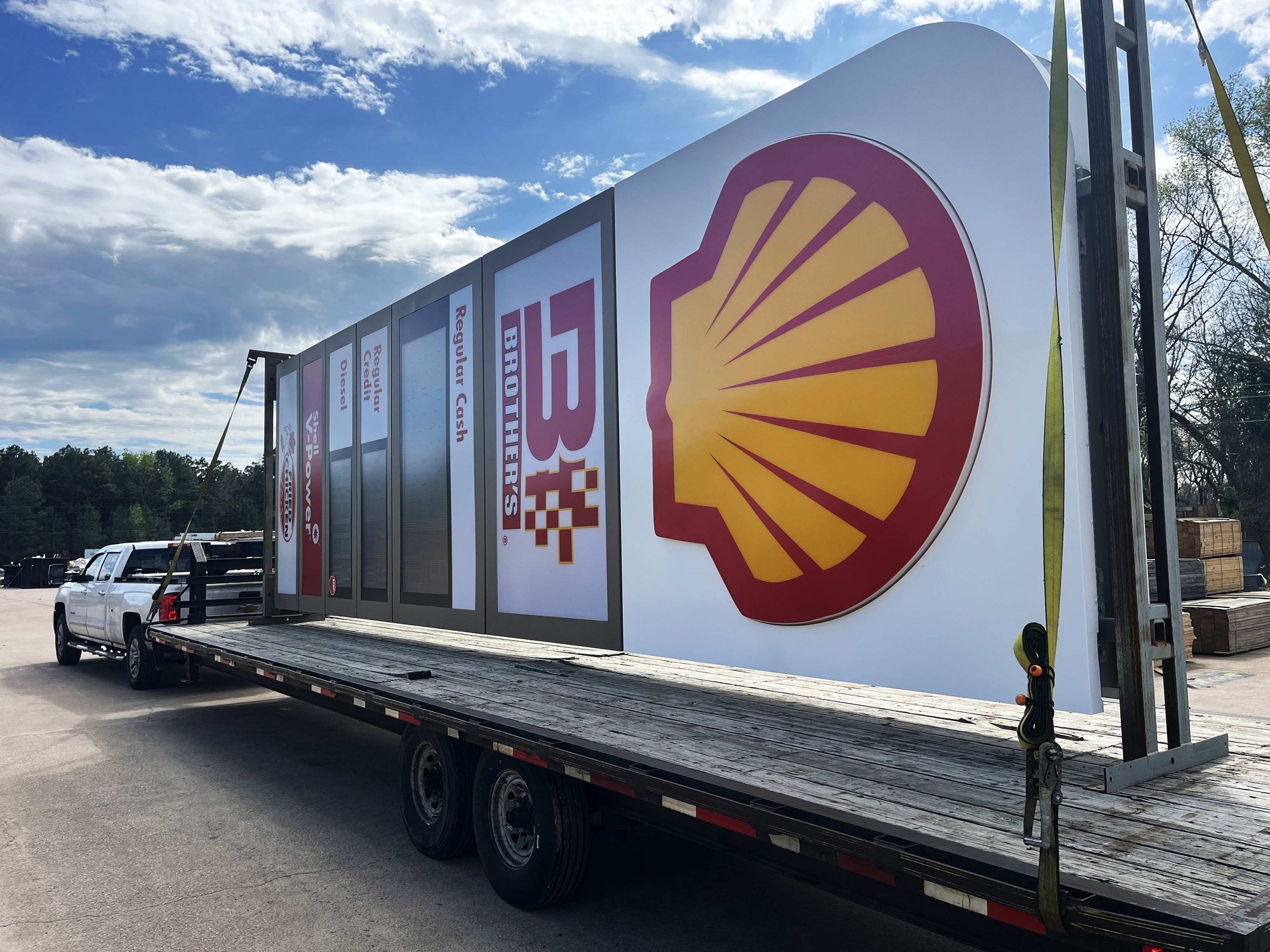 Shell Pylon Sign loaded on a truck and trailer leaving our manufacturing facility.
