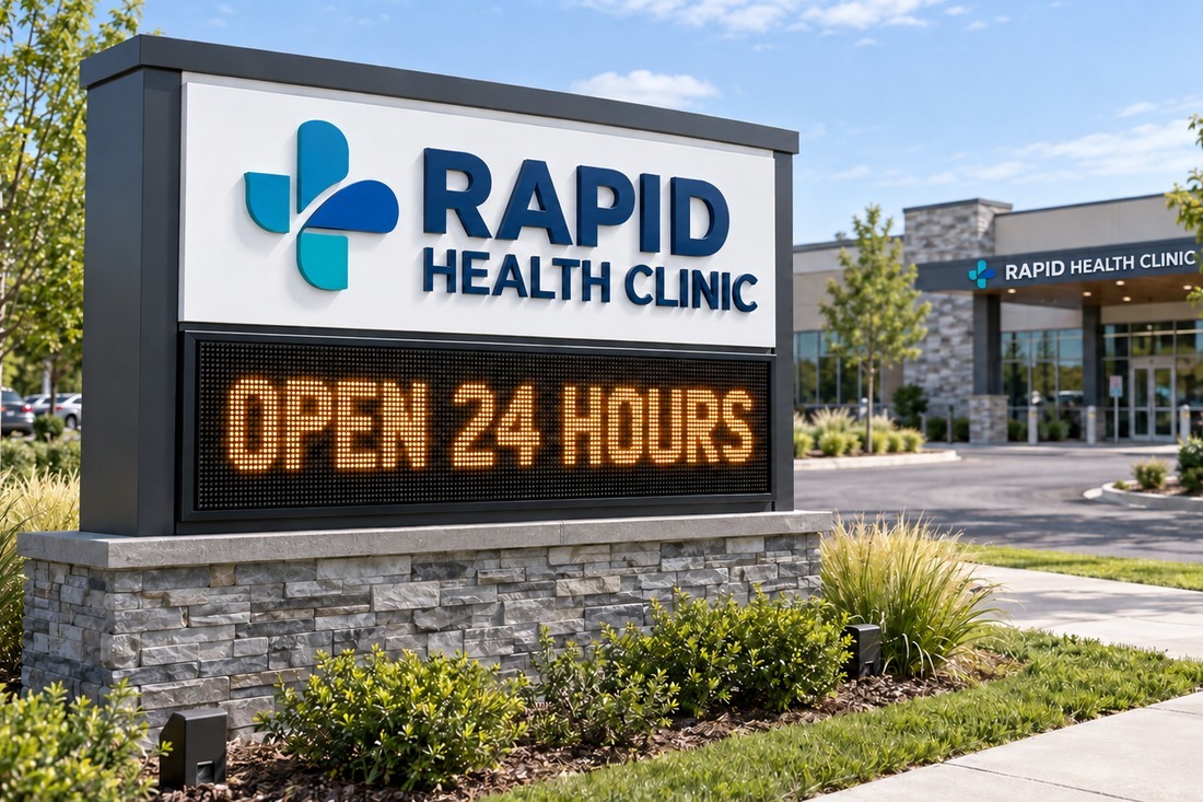 Rapid Health Clinic monument sign with an electronic message center displaying “Open 24 Hours” outside the clinic entrance.