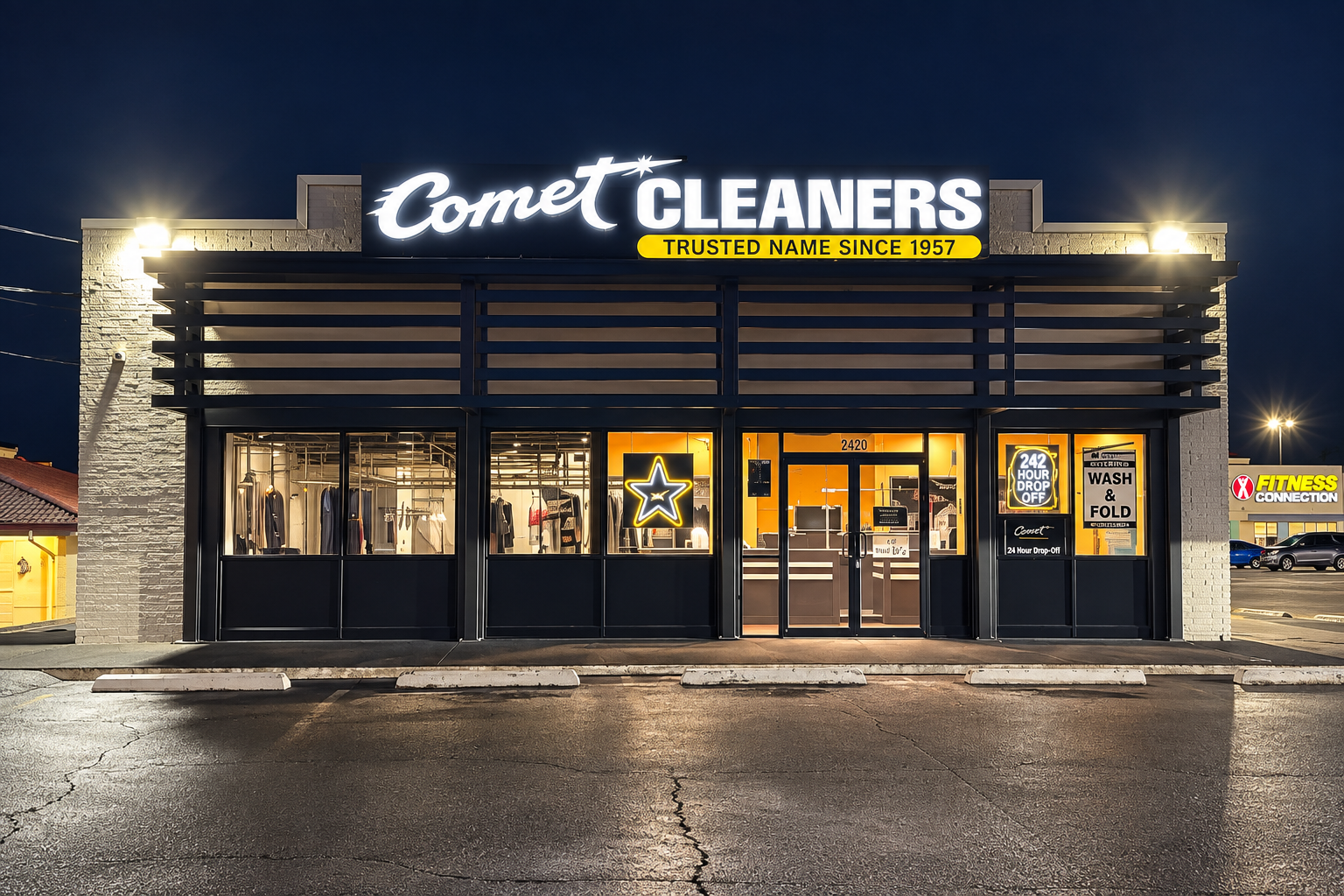 Comet Cleaners - Exterior Signage Night Shot
