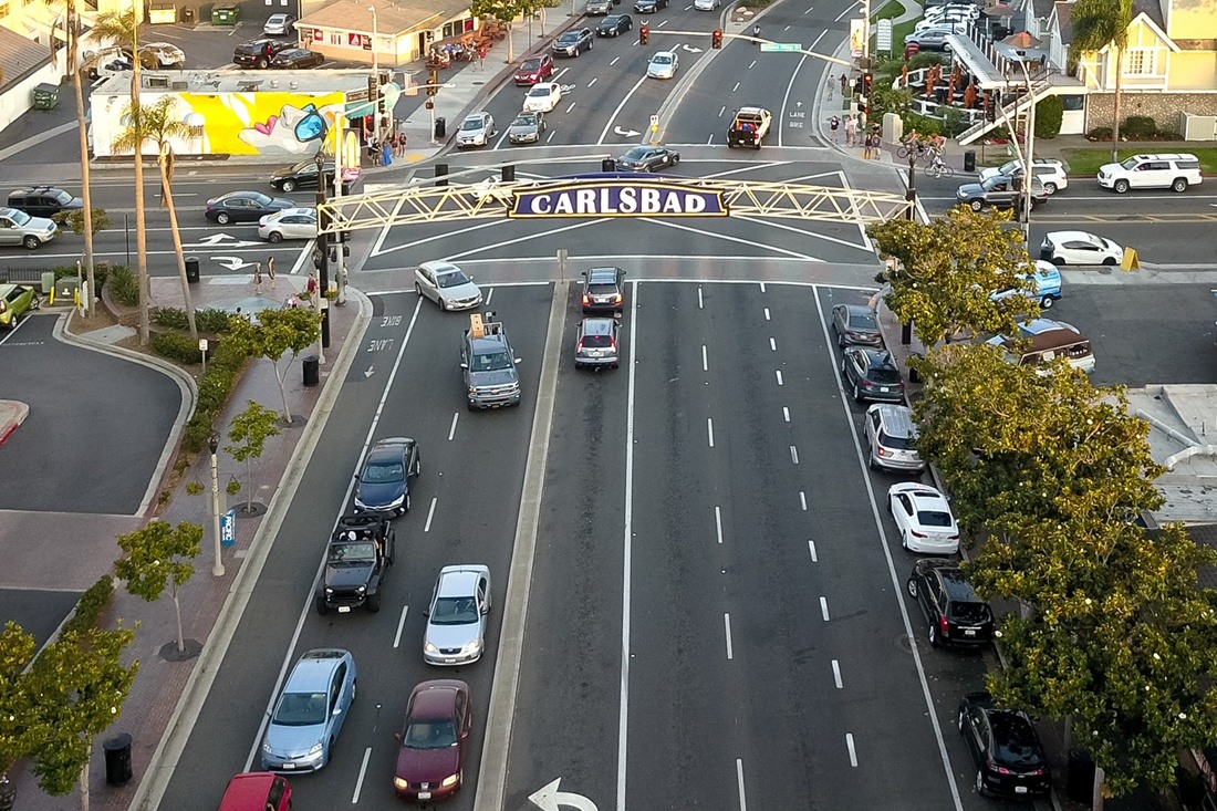 Carlsbad archway sign on flatbed truck