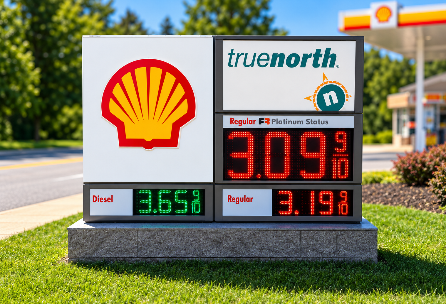 Shell and truenorth monument sign displaying digital prices for premium diesel, diesel, and regular fuel.