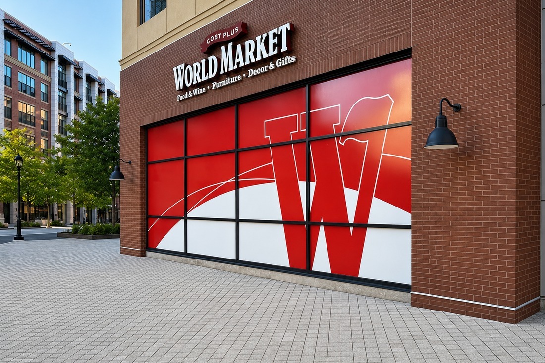Cost Plus World Market exterior with dimensional building signage and red and white window graphics featuring an oversized W.