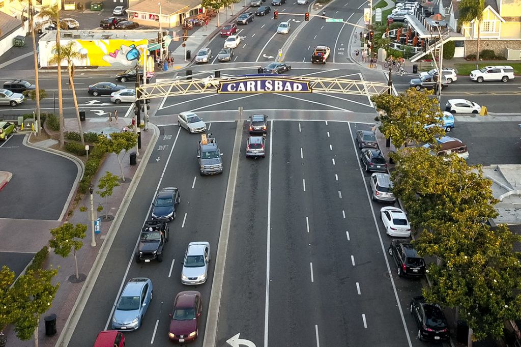 Aerial shot of Carlsbad archway sign